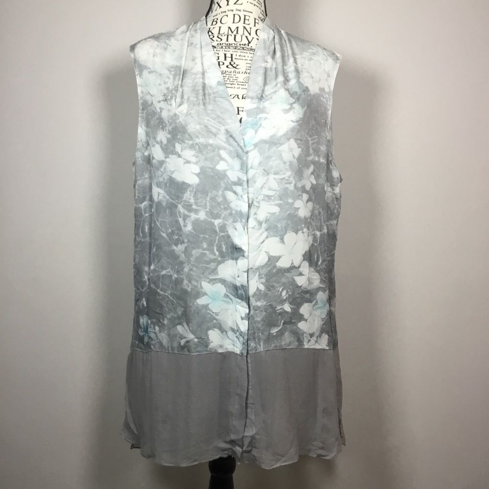 Elie Tahari 100% silk sleeveless floral top grey minty green sheer hem sz L